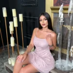 Sheer embellished scoop neck mini dress in baby purple