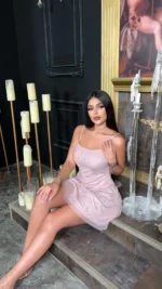 Sheer embellished scoop neck mini dress in baby purple