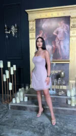 Sheer embellished scoop neck mini dress in baby purple - Image 2
